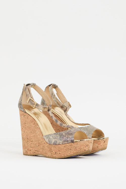 Jimmy Choo Gold Leather & Cork Printed Pela Wedge Sandal