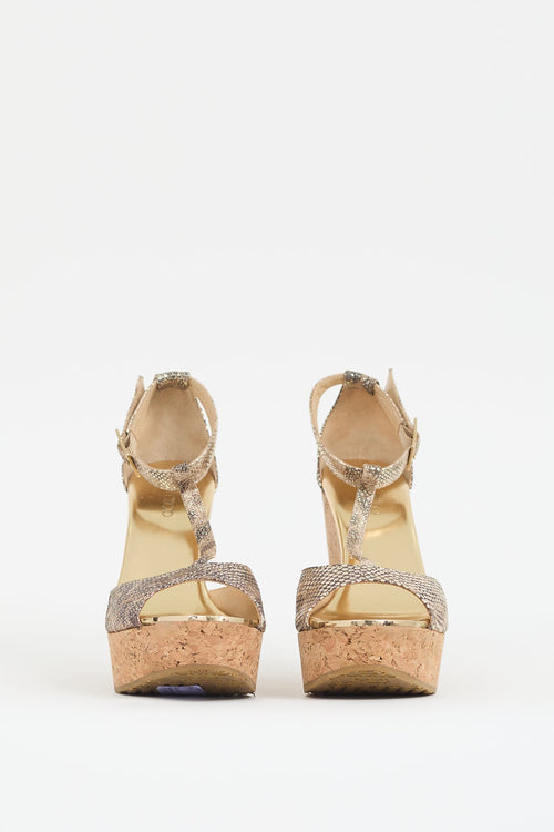 Jimmy Choo Gold Leather & Cork Printed Pela Wedge Sandal