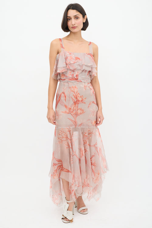 Johanna Ortiz Pink & Light Blue Sheer Floral Flounce Dress