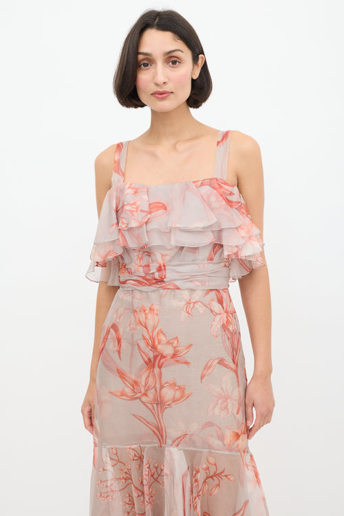 Johanna Ortiz Pink & Light Blue Sheer Floral Flounce Dress