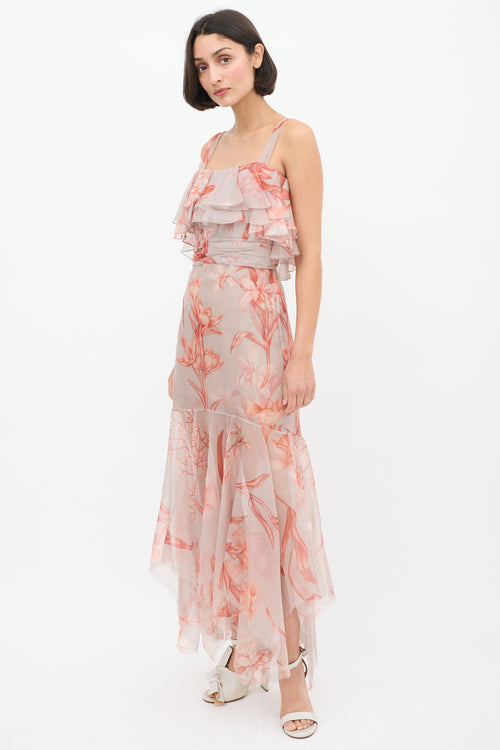 Johanna Ortiz Pink & Light Blue Sheer Floral Flounce Dress