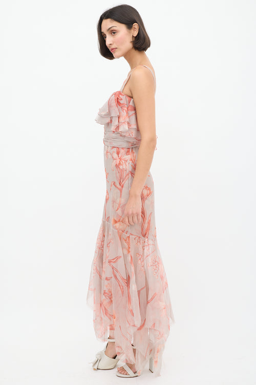 Johanna Ortiz Pink & Light Blue Sheer Floral Flounce Dress