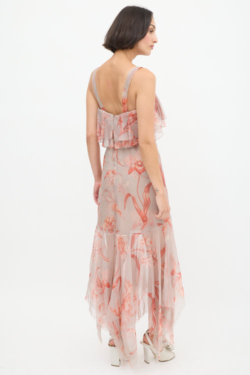 Johanna Ortiz Pink & Light Blue Sheer Floral Flounce Dress