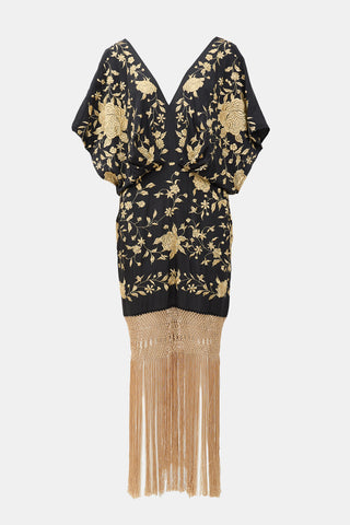 Johanna Ortiz Silk Embroidered Fringe Hem Dress