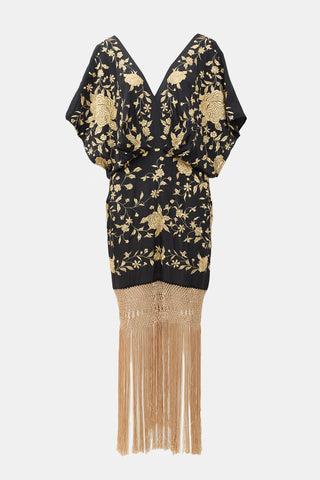 Johanna Ortiz Silk Embroidered Fringe Hem Dress