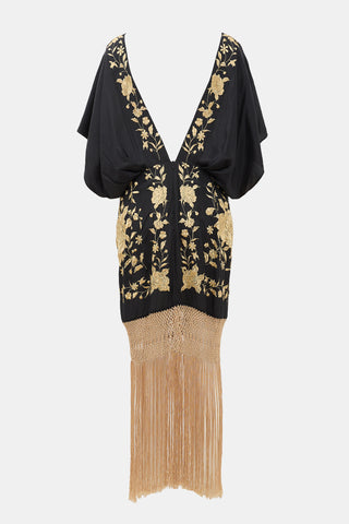 Johanna Ortiz Silk Embroidered Fringe Hem Dress