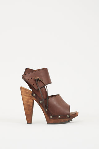 John Fluevog Brown Leather & Wood Rahab Platform Heel