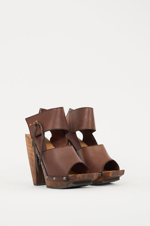 John Fluevog Brown Leather & Wood Rahab Platform Heel