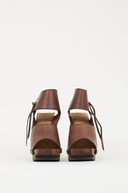 John Fluevog Brown Leather & Wood Rahab Platform Heel