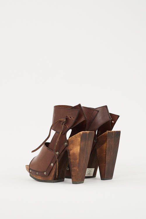 John Fluevog Brown Leather & Wood Rahab Platform Heel