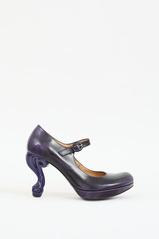 John Fluevog Purple & Black Leather Elizabeth Mary Jane Pump