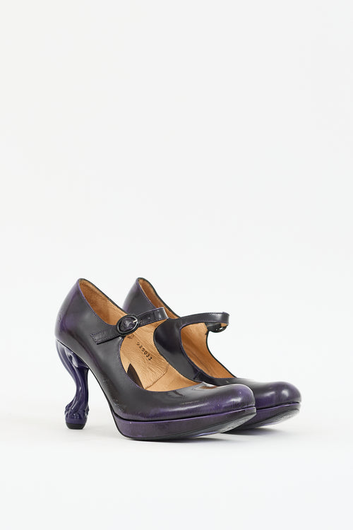 John Fluevog Purple & Black Leather Elizabeth Mary Jane Pump