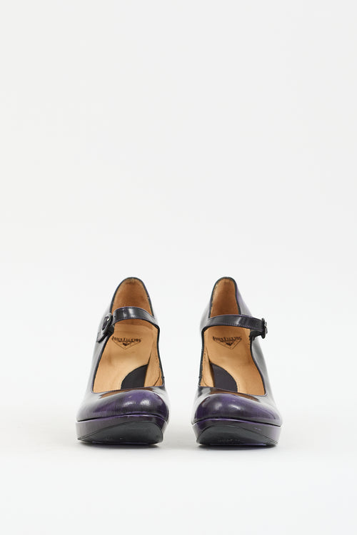 John Fluevog Purple & Black Leather Elizabeth Mary Jane Pump