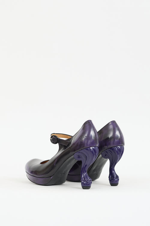 John Fluevog Purple & Black Leather Elizabeth Mary Jane Pump