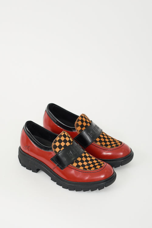 John Fluevog Red Leather & Multi Hair Linggo Loafer