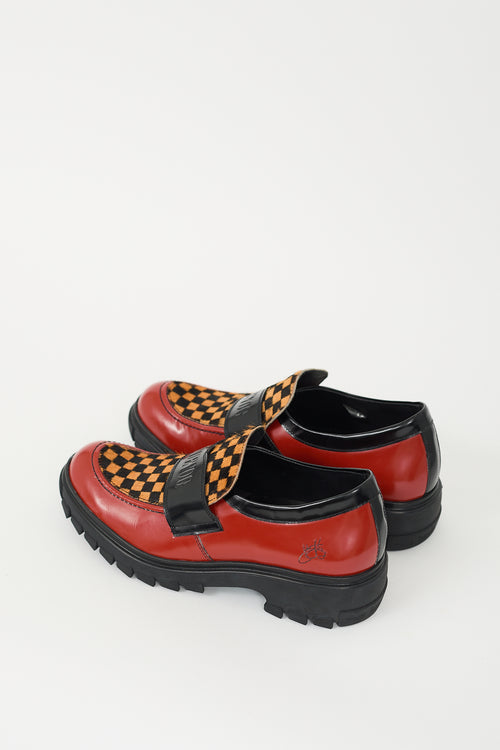 John Fluevog Red Leather & Multi Hair Linggo Loafer