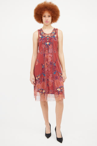 Johnny Was Red Mesh Floral Sleeveless Dress