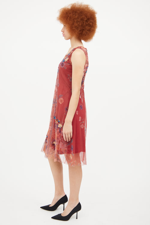 Johnny Was Red Mesh Floral Sleeveless Dress