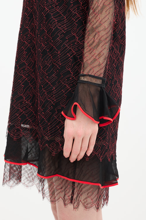 Jonathan Simkhai Black & Red Silk Lace Shift Dress