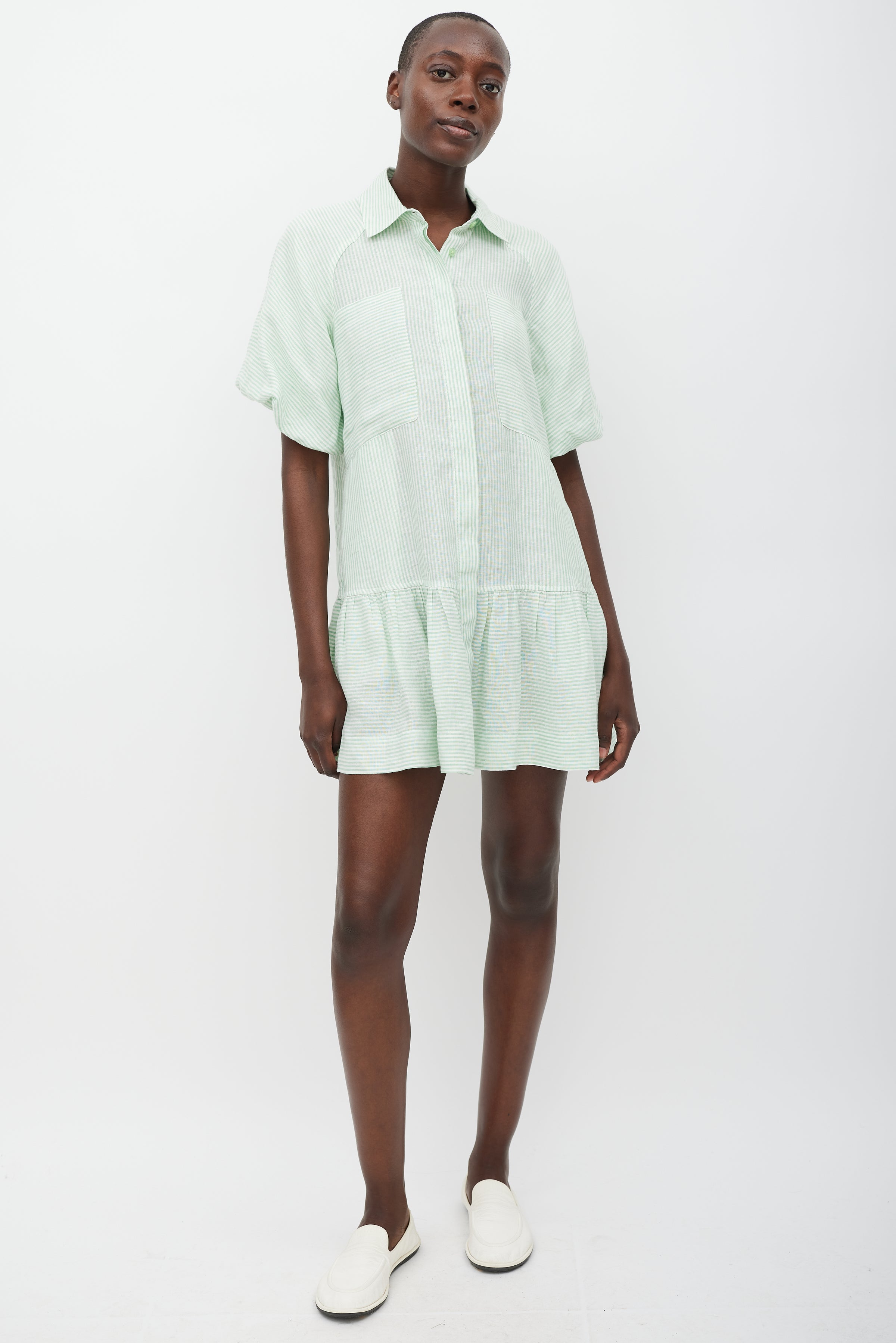Simkhai // White & Green Striped Shirt Dress VSP Consignment Simkhai // White & Green Striped Shirt Dress VSP Consignment
