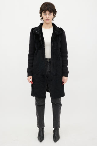 Joseph Black Wool Knit & Fur Coat