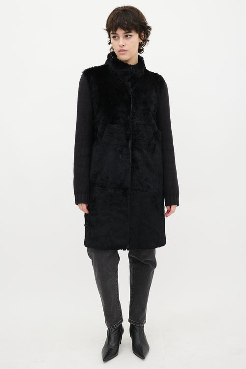 Joseph Black Wool Knit & Fur Coat