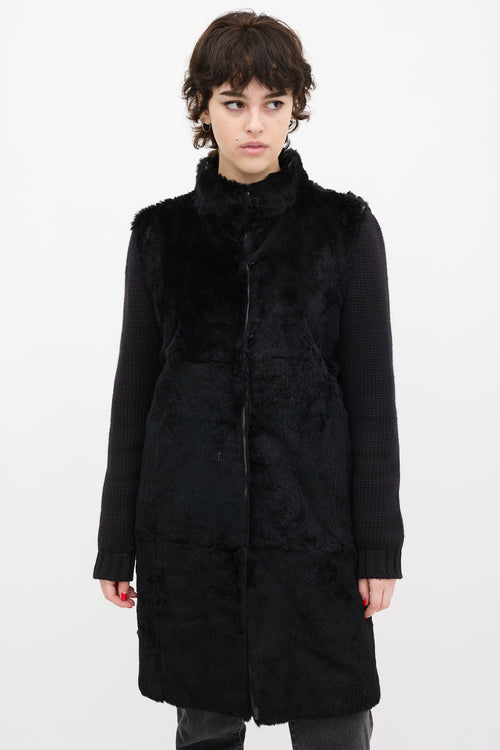 Joseph Black Wool Knit & Fur Coat