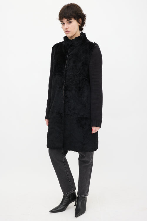 Joseph Black Wool Knit & Fur Coat