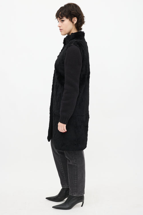 Joseph Black Wool Knit & Fur Coat