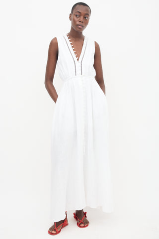 Joslin White Linen Buttoned V-Neck Dress