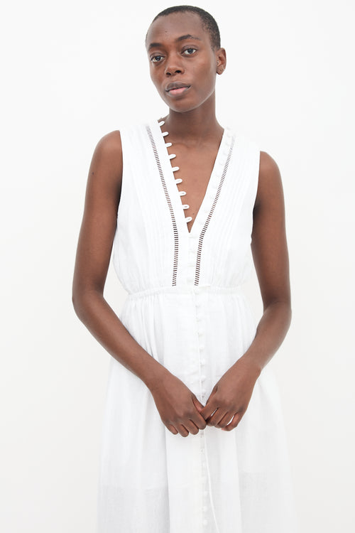 Joslin White Linen Buttoned V-Neck Dress