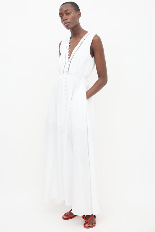 Joslin White Linen Buttoned V-Neck Dress