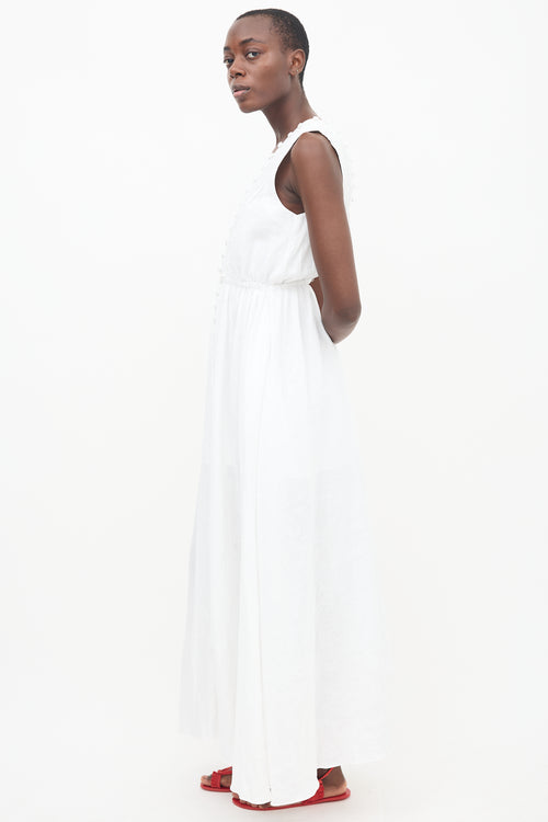 Joslin White Linen Buttoned V-Neck Dress