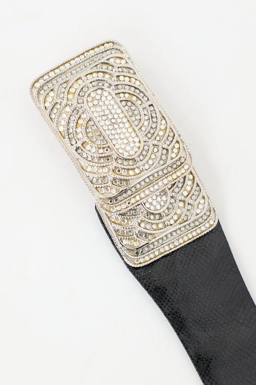 Judith Leiber Patent Leather & Crystal Buckle Belt