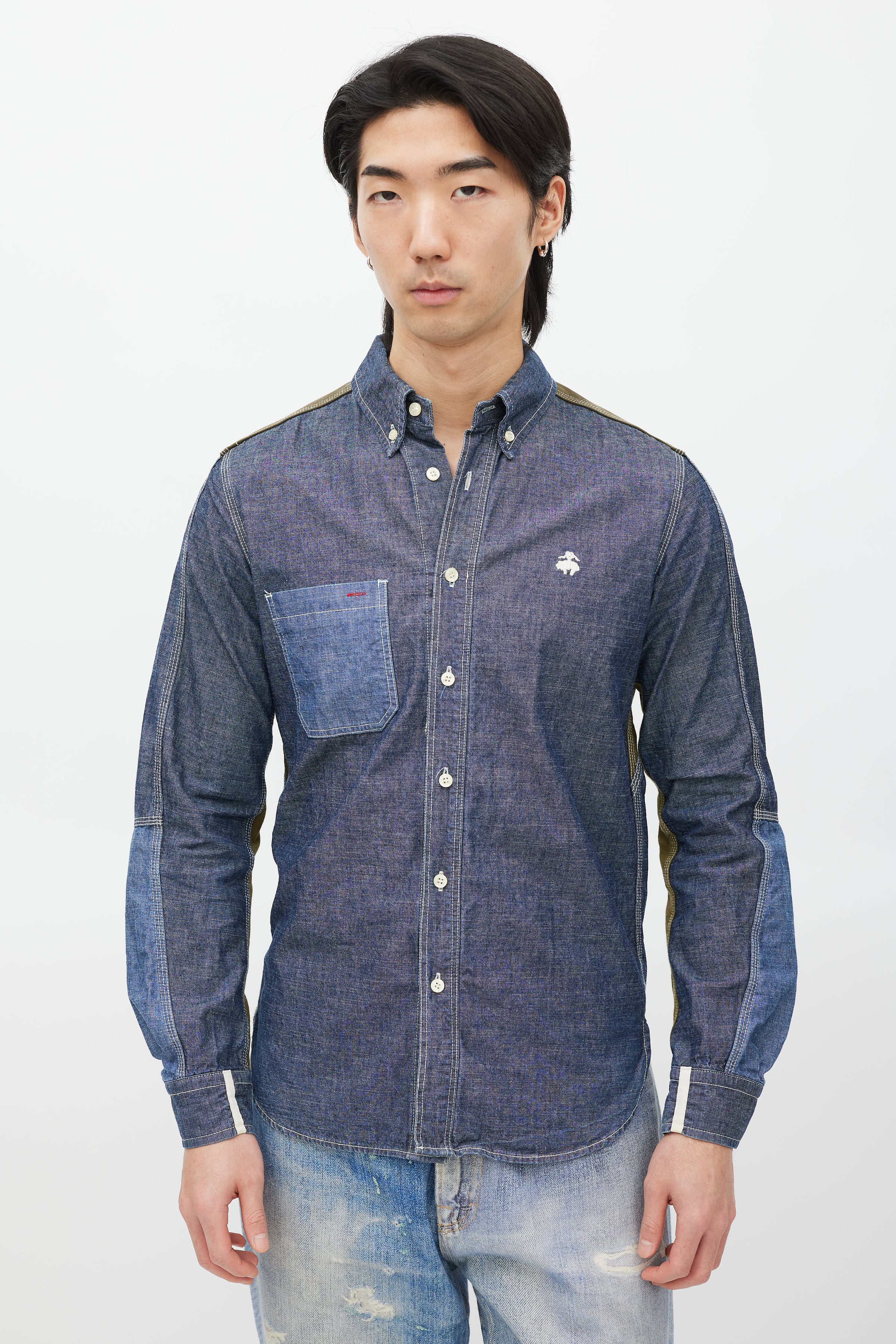 Junya Watanabe // Blue & Green Panelled Chambray Shirt VSP Consignment Junya Watanabe // Blue & Green Panelled Chambray Shirt VSP Consignment