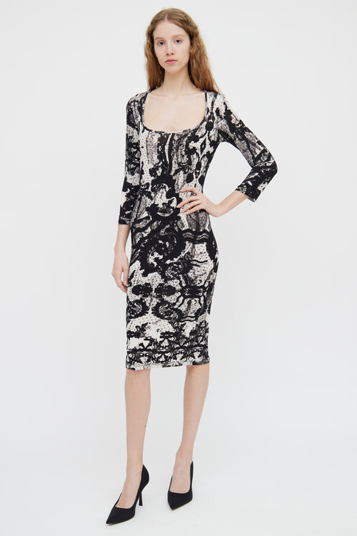 Just Cavalli Black & White Pattern Long Sleeve Dress