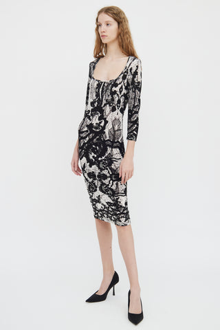 Just Cavalli Black & White Pattern Long Sleeve Dress