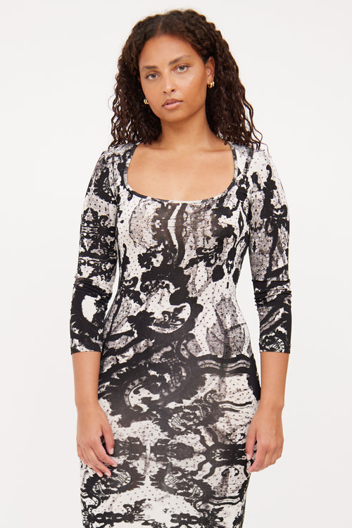 Roberto Cavalli B&W Pattern Long Sleeve Dress