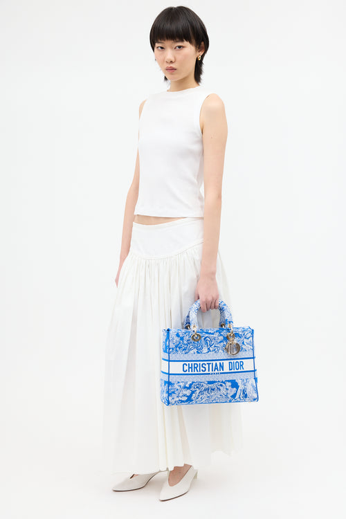 Dior Blue & White Canvas Embroidered Large Lady D-Lite Bag