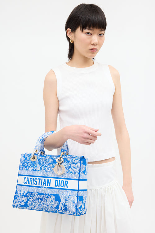 Dior Blue & White Canvas Embroidered Large Lady D-Lite Bag