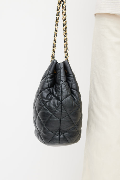 Ferragamo Black Leather Quilted Genny Bucket Bag