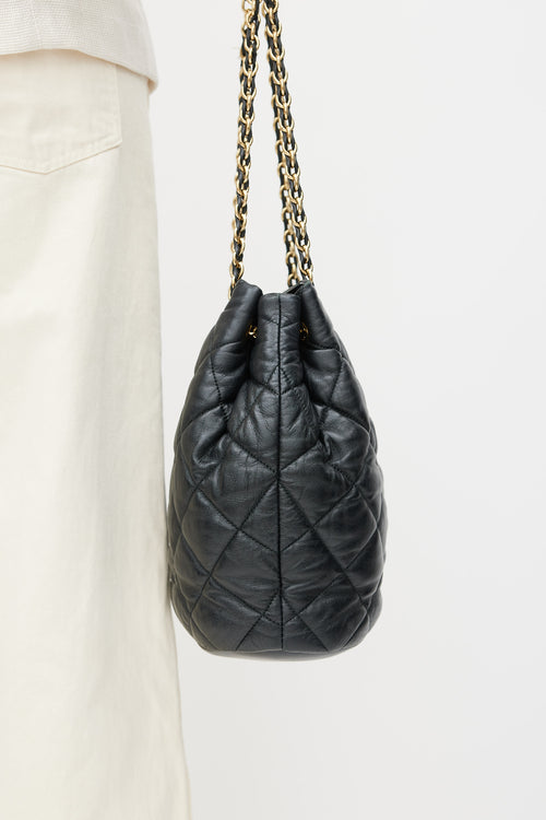 Ferragamo Black Leather Quilted Genny Bucket Bag