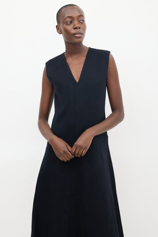 Tibi Navy Angora Wool V-Neck Midi Dress