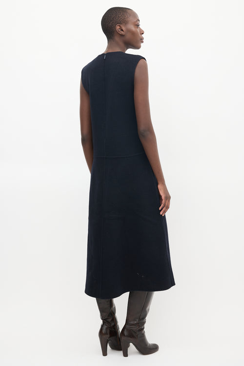 Tibi Navy Angora Wool V-Neck Midi Dress