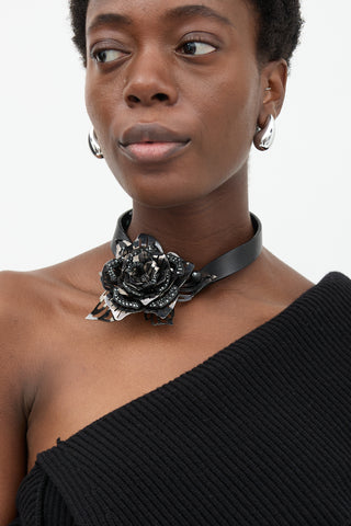 Lanvin Leather & Metal Flower Choker Necklace