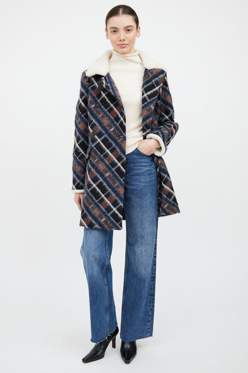 Kenzo Navy & Multi Wool Blend Plaid Coat