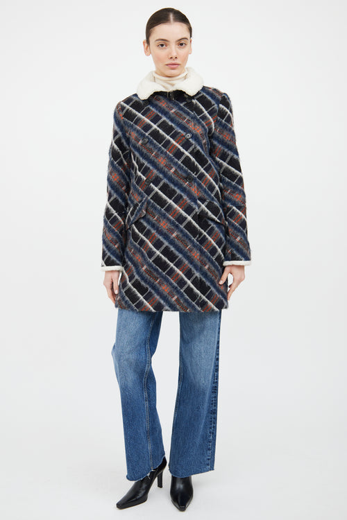 Kenzo Navy & Multi Wool Blend Plaid Coat