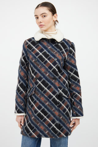 Kenzo Navy & Multi Wool Blend Plaid Coat