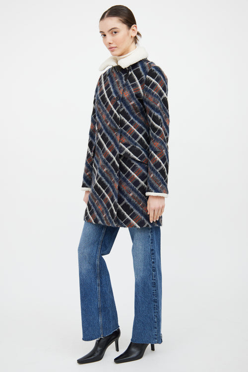 Kenzo Navy & Multi Wool Blend Plaid Coat