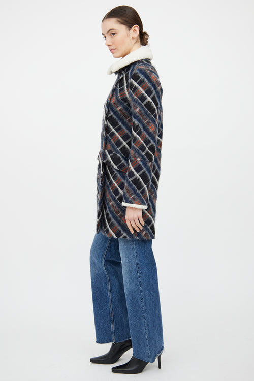 Kenzo Navy & Multi Wool Blend Plaid Coat